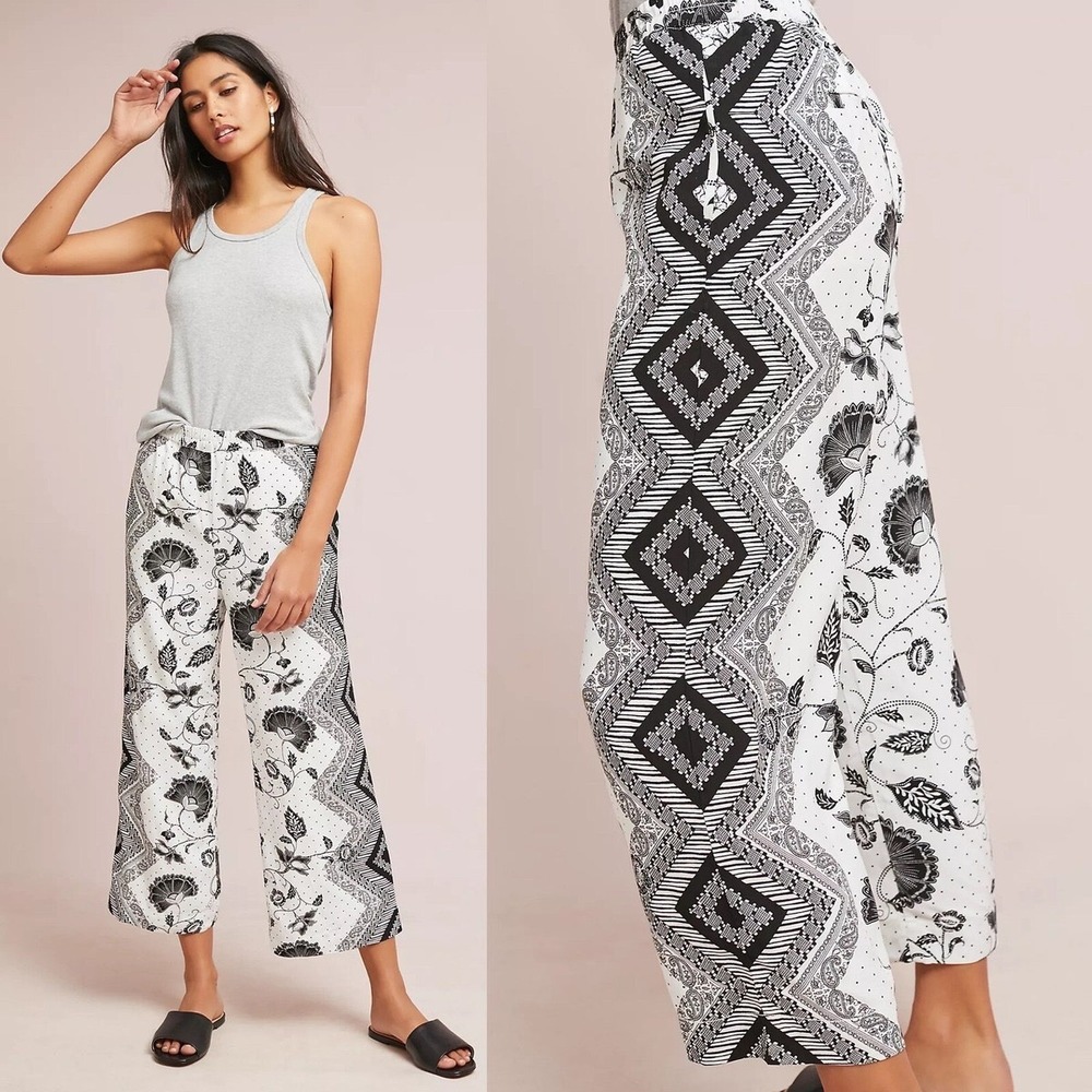 Anthropologie Ett Twa Black White Floral Paisley Print Wide Leg Crop Pants S